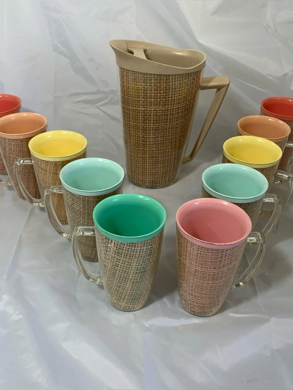 MCM Raffiaware Thermo-Temp Insulated 1 Pitcher 10 Handle Tumblers Burlap VTG